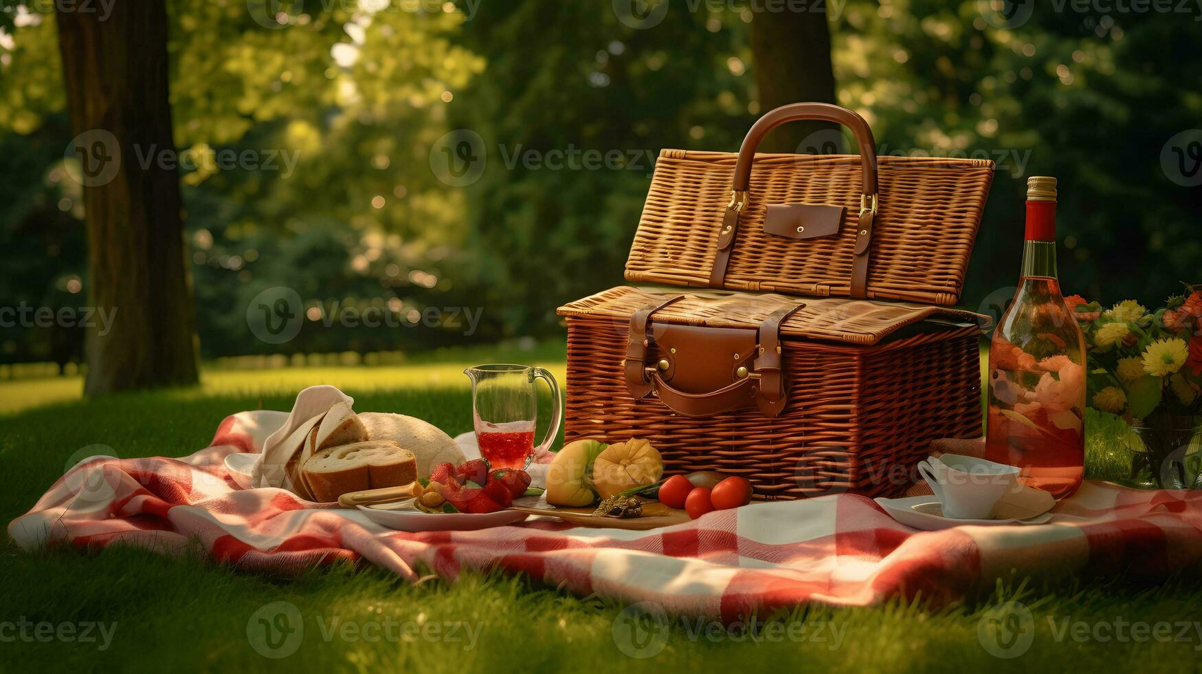 Picnic in the park. Picnic basket with food and wine photo