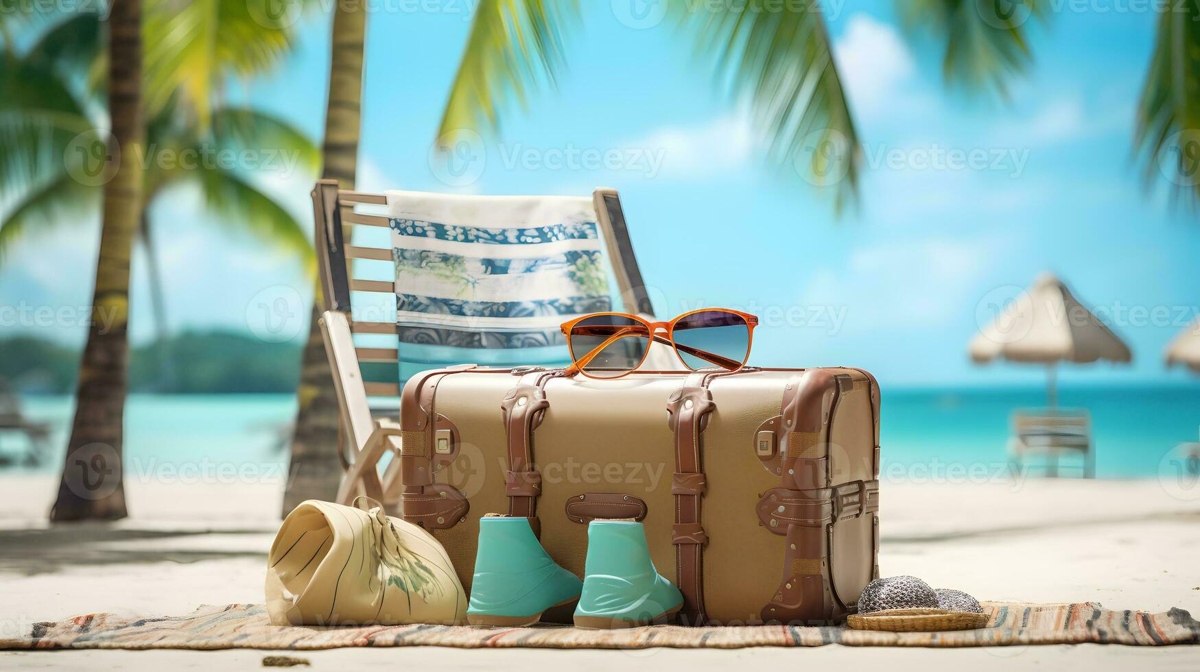 Suitcase with sunglasses and beach accessories on a tropical sand beach photo