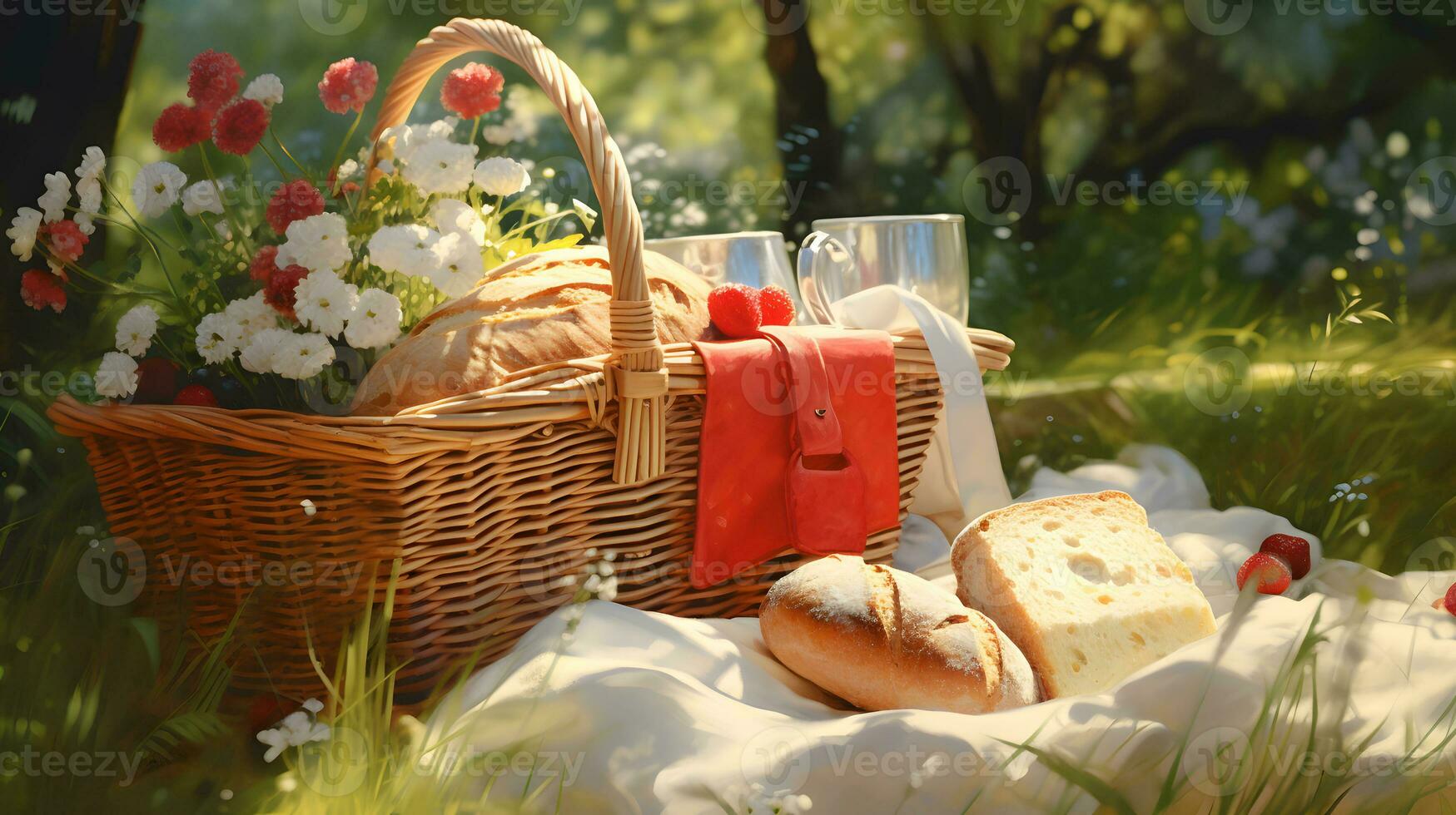 Picnic basket with bread, wine and flowers on the grass. photo