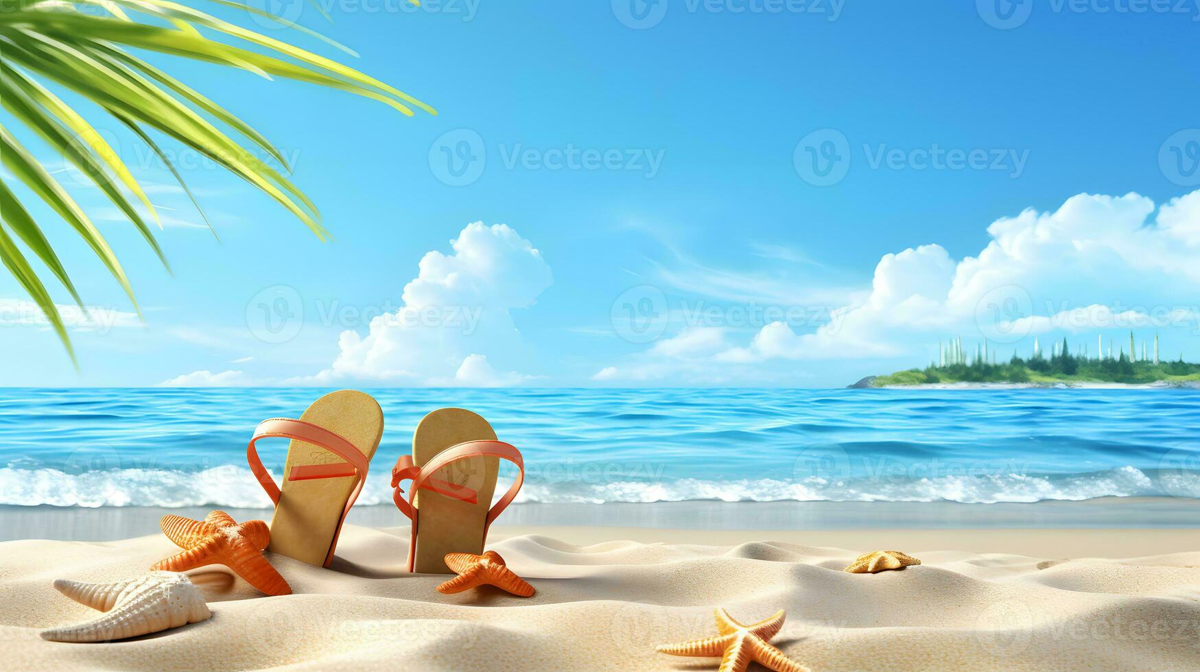 Beach scene with sandals and starfish photo