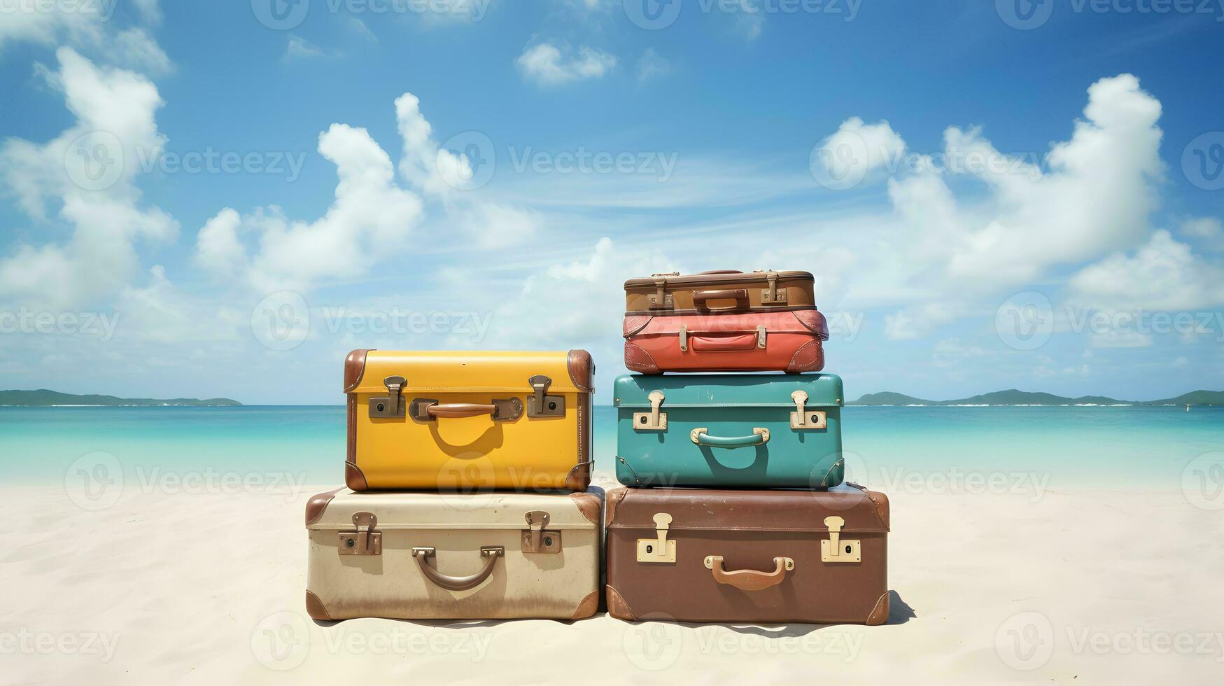 travel suitcases on the beach with blue sky and white clouds background photo