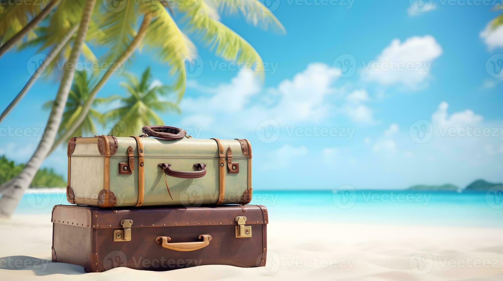Vintage suitcases on tropical beach background. photo