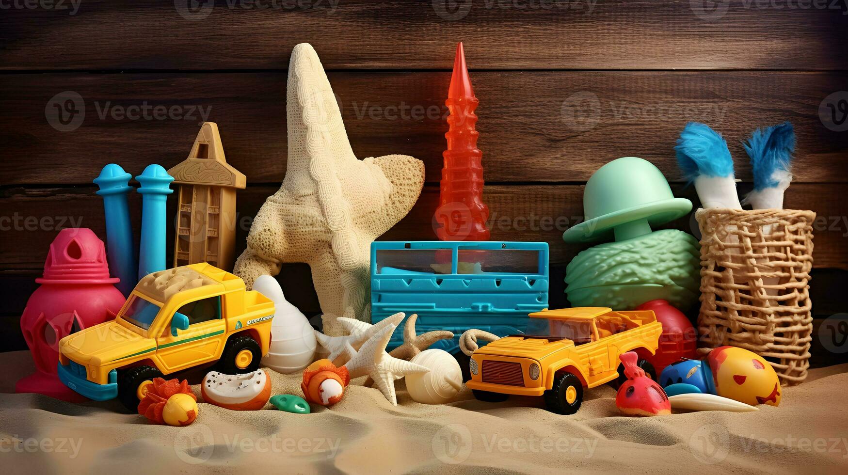 Children's toys on the sand against the background of a wooden wall photo