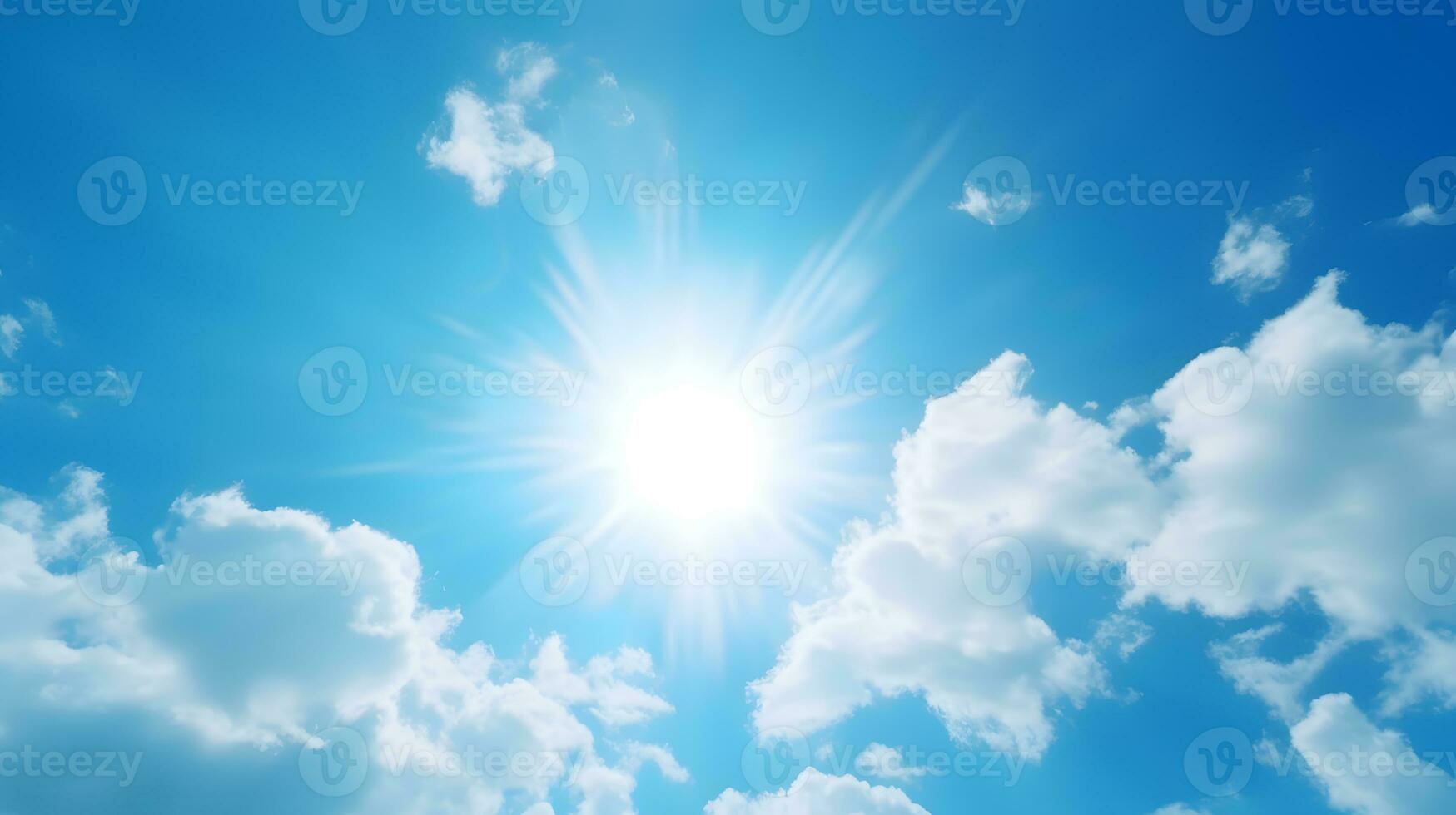 Blue sky background with tiny clouds and bright sun photo