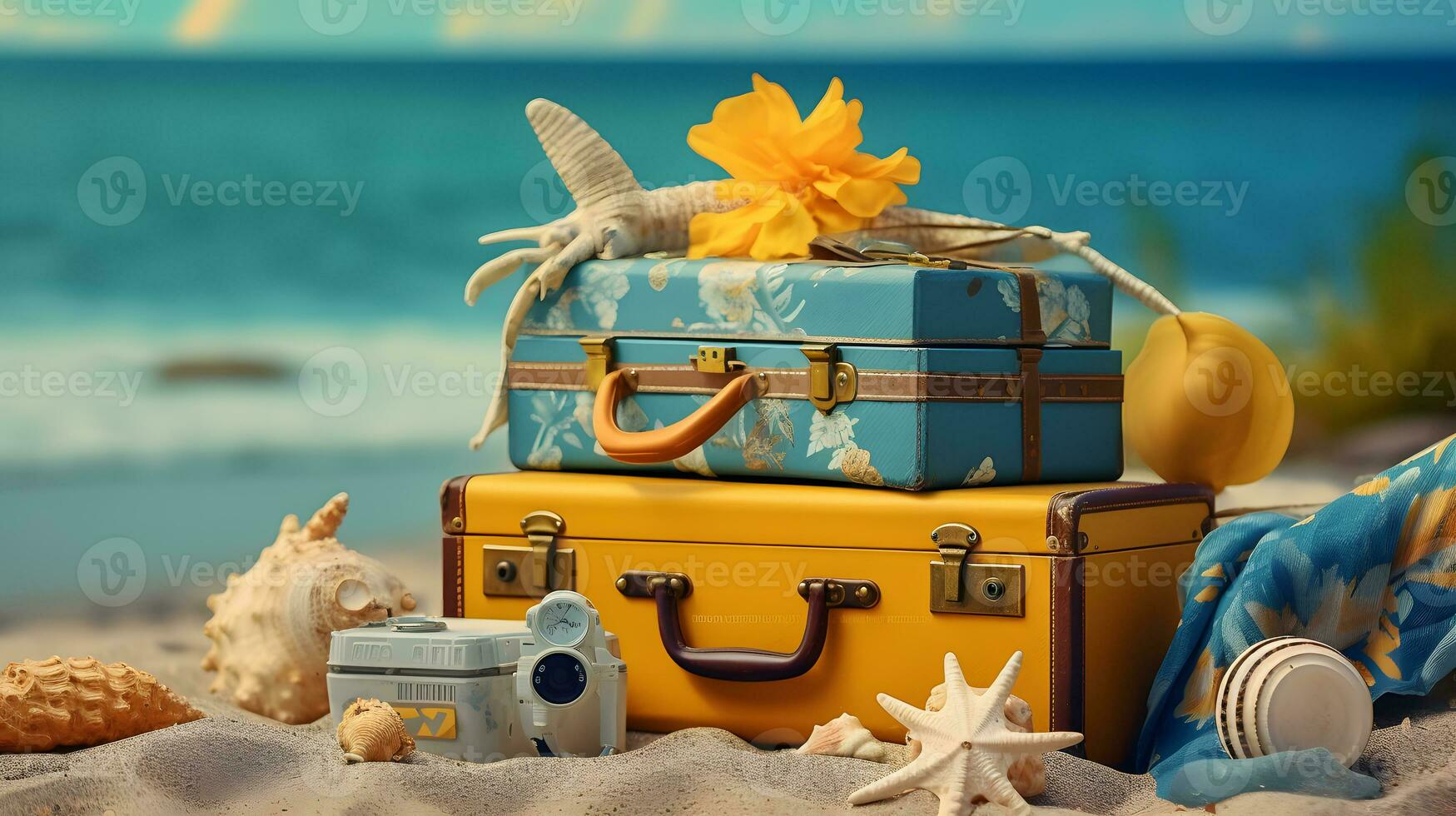 Vacation and travel concept. Suitcases, starfish, seashells on the beach. photo