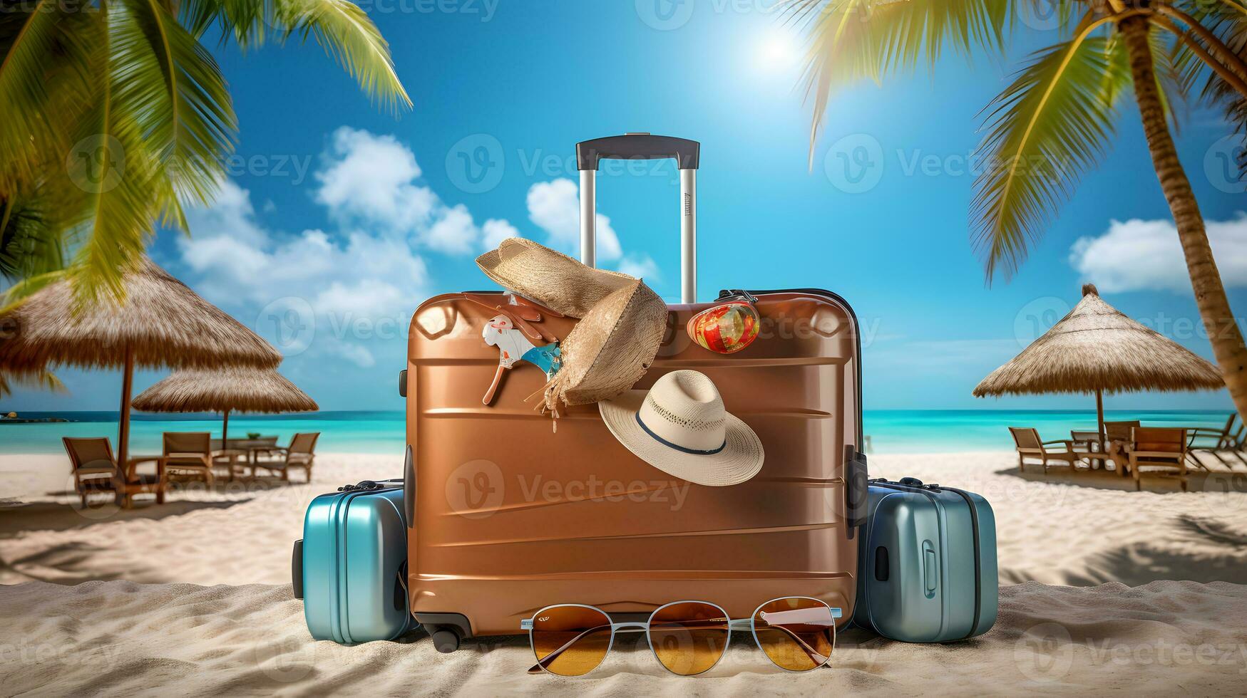 Suitcase with straw hat and sunglasses on tropical sand beach photo