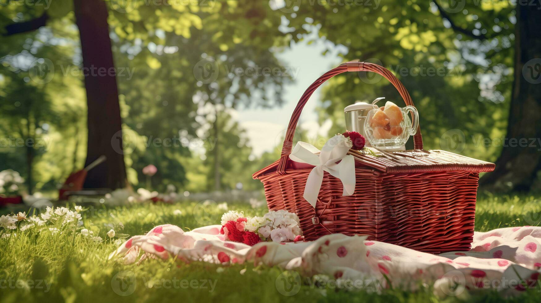 Picnic basket on green grass in the park with flowers and crockery photo