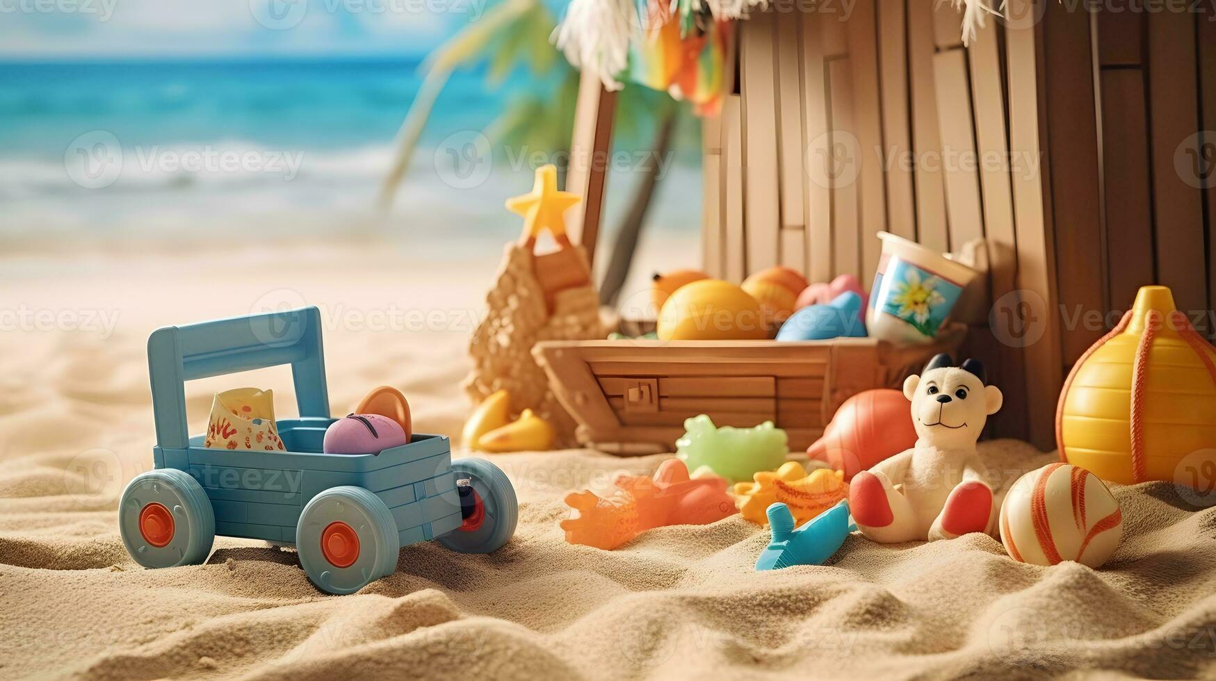 Truck with toys on sandy beach near house. Summer vacation concept photo