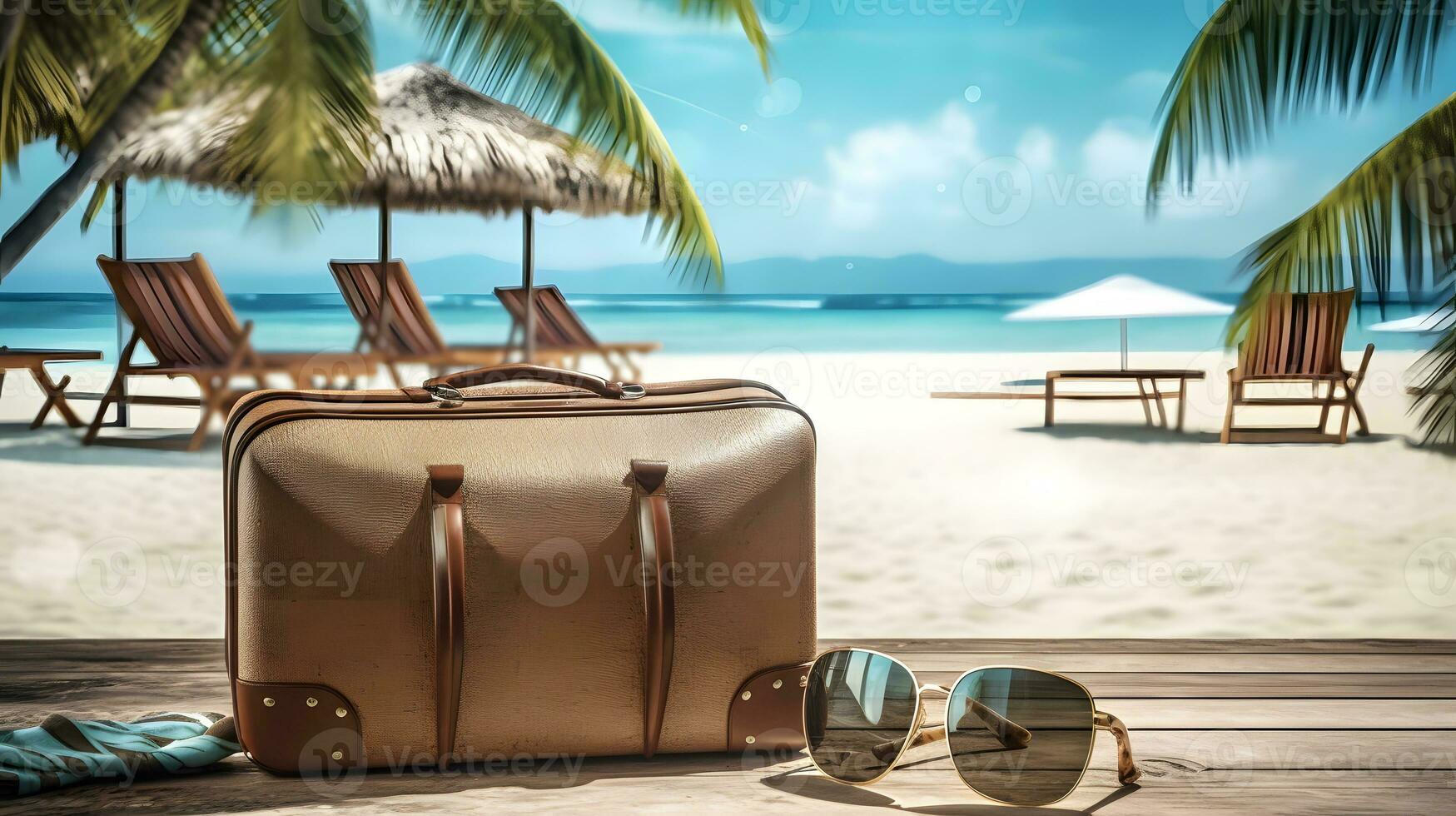 Suitcase and Sunglasses on the beach photo