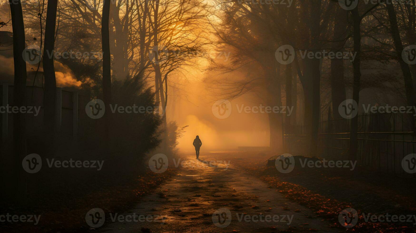 A man walking in a foggy forest in the morning at sunrise photo