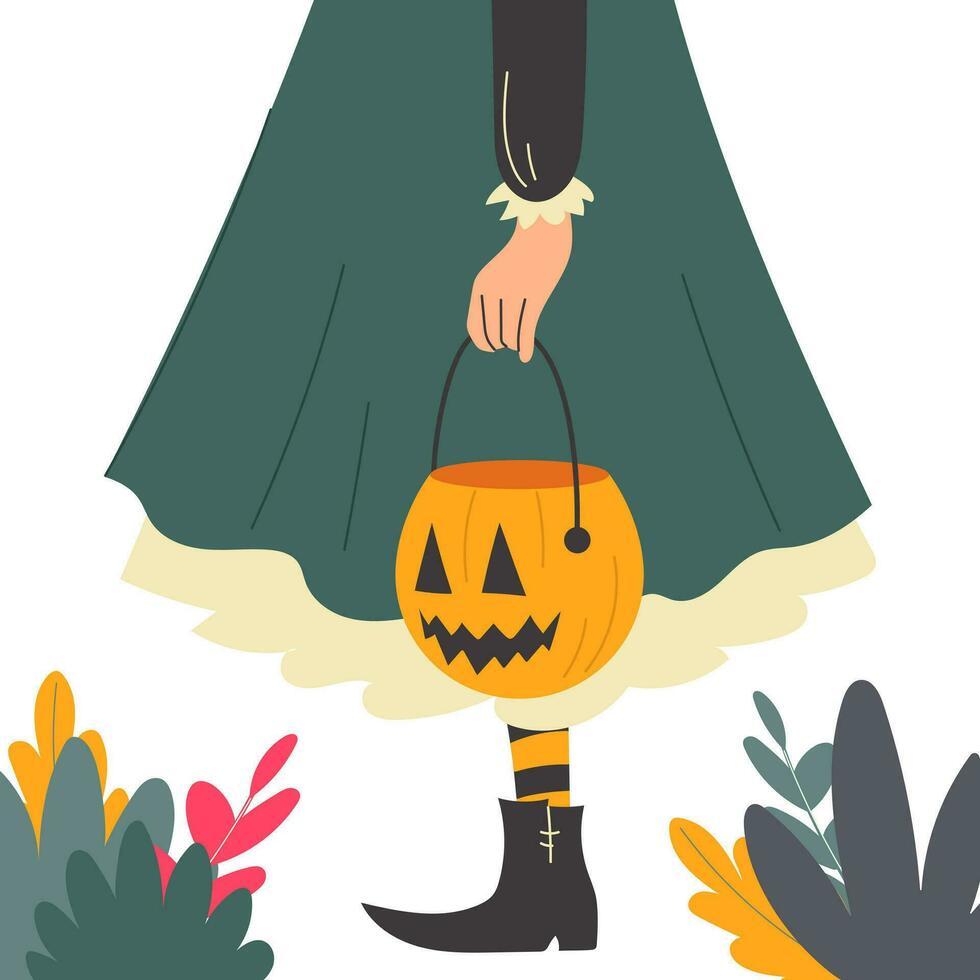 Vector Halloween illustration with a girls silhouette dressed as a witch and holding a jack o lantern. Girl trick or treating.