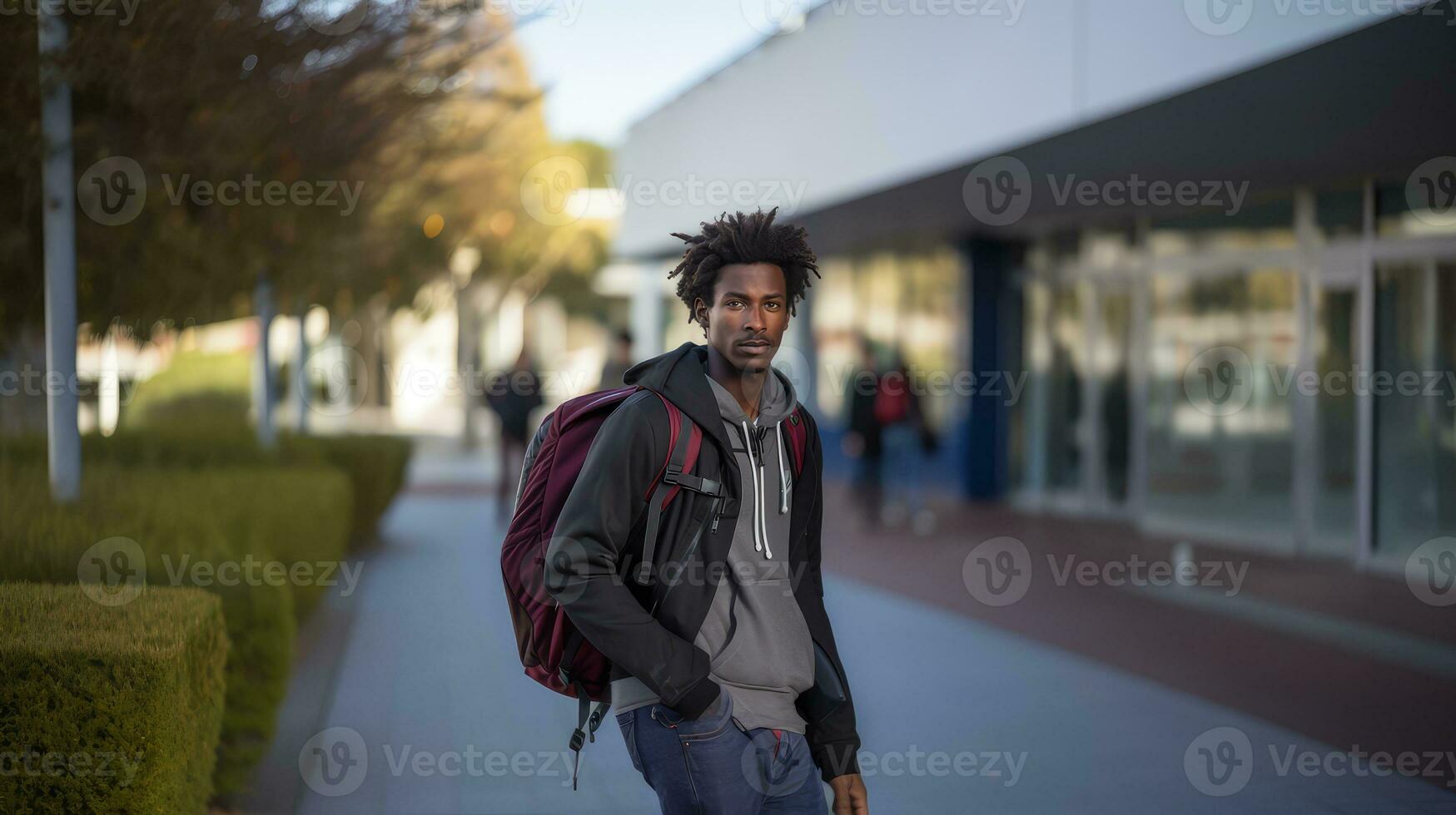 Young african american refugee guy with a backpack stands in front of the training center. education of refugees. A student adjusting to a new country. Education, university, adaptation. Immigrant photo