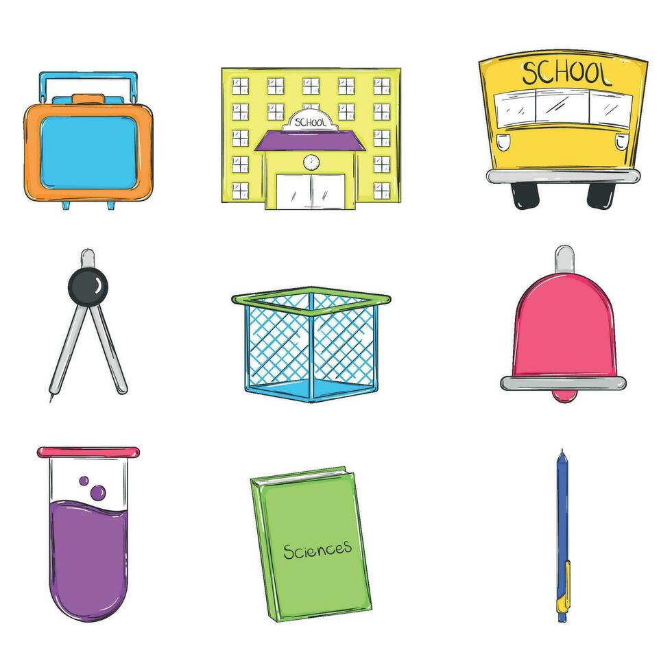 Set of colored school supplies sketch icons Vector