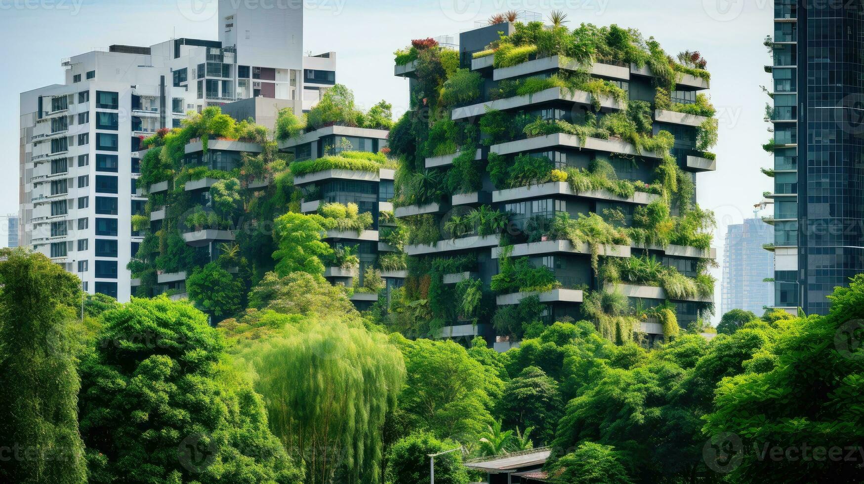Vertical garden at the heart of a vibrant urban environment. Tall skyscrapers, the walls of which are decorated with cascades of greenery. Green oasis, harmony with nature. Ecological AI generated photo
