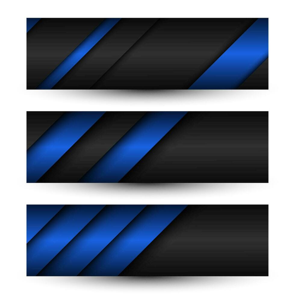 Set of three abstract black and blue modern material headers. Technology banners. Vector abstract widescreen backgrounds