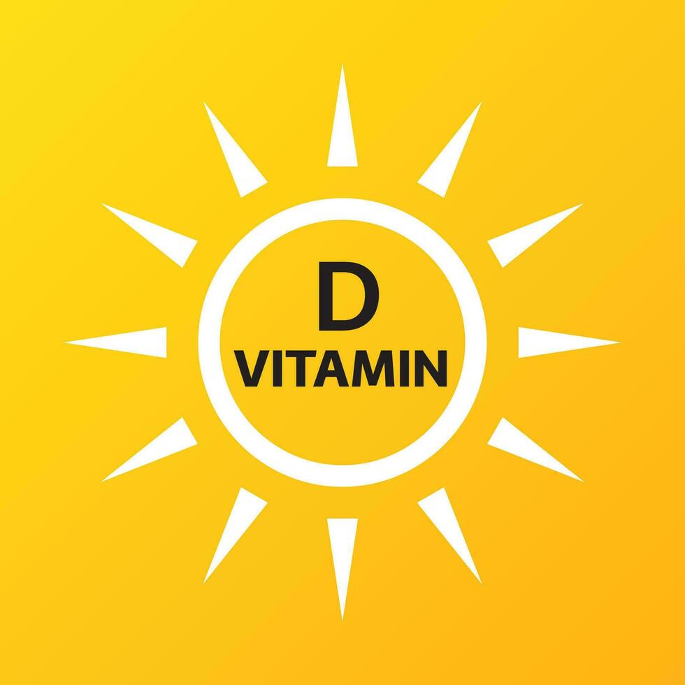 Vitamin D icon with simple sun on yellow background. Vector illustration of nutrition sign