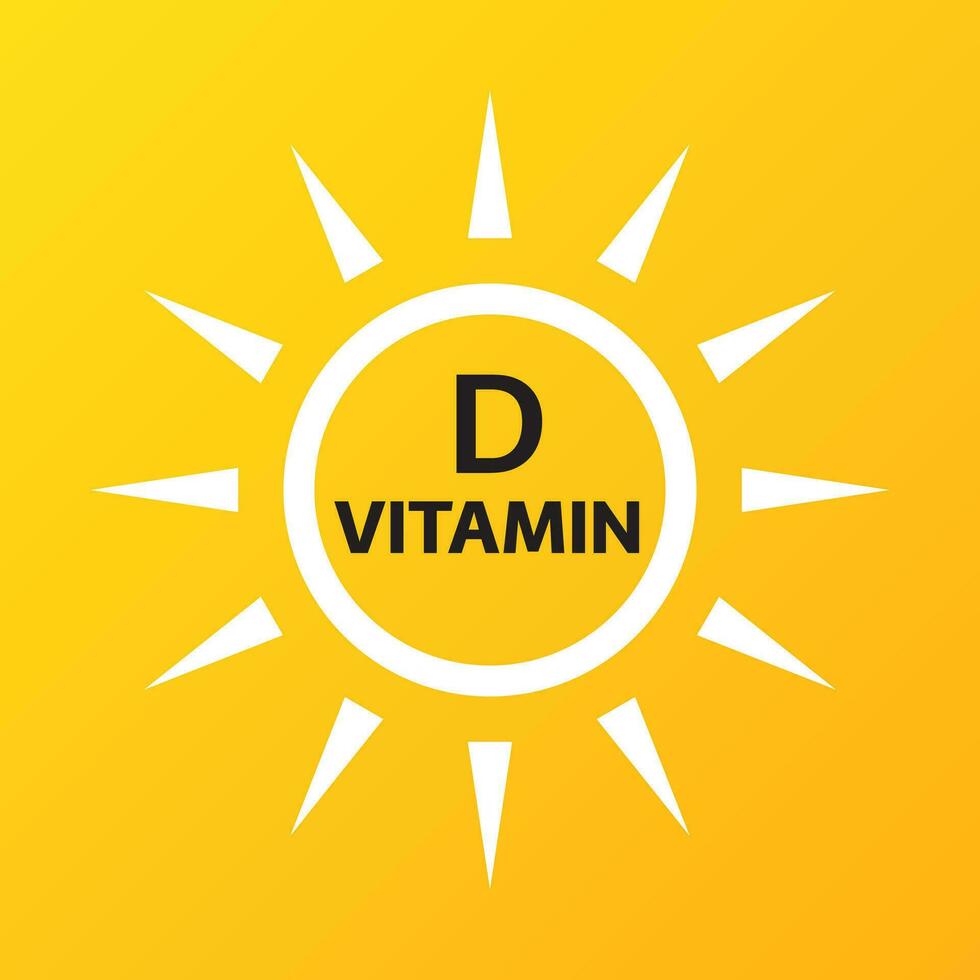 Vitamin D icon with simple sun on yellow background. Vector illustration of nutrition sign