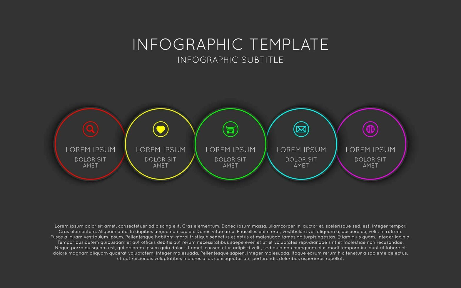 Vector infographic template with five dark circles with coloured edges and icons. Modern process scheme on black background