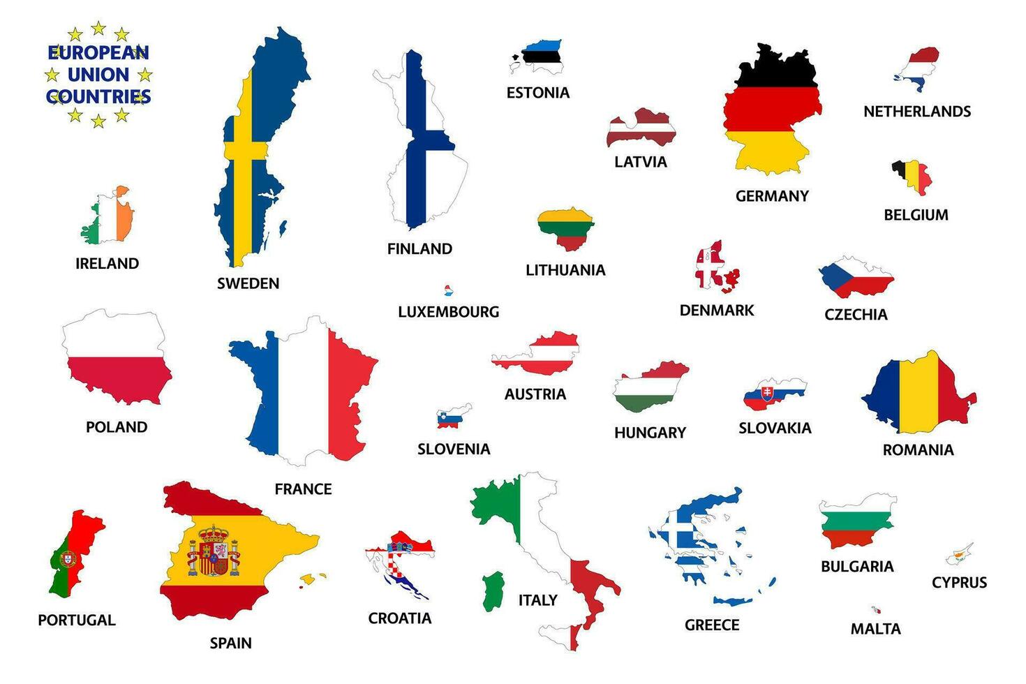 European Union countries with flags after Brexit. Member states of European Union without the United Kingdom. Simple vector illustration