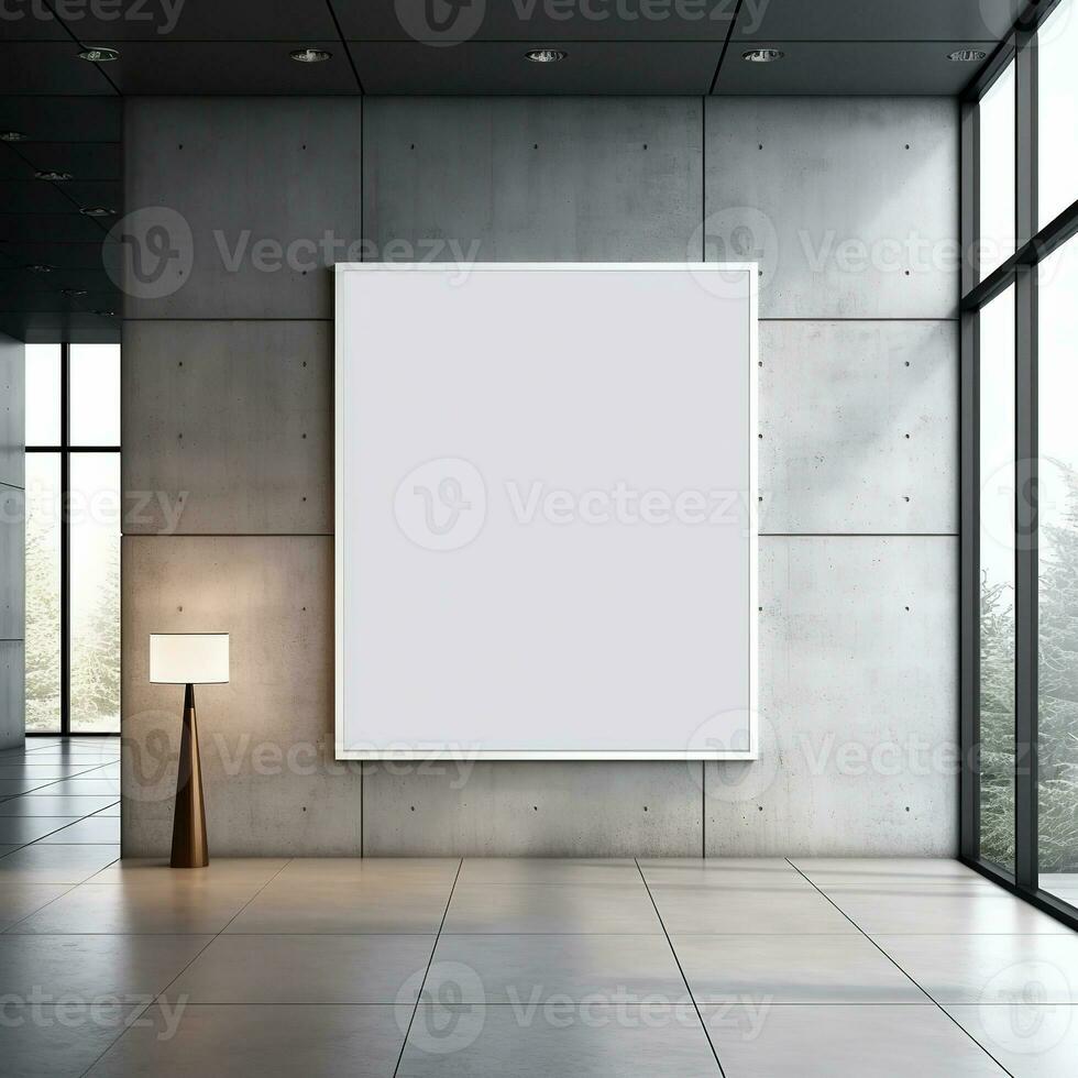 Modern gallery interior with empty poster on concrete wall. Modern bright interiors. photo