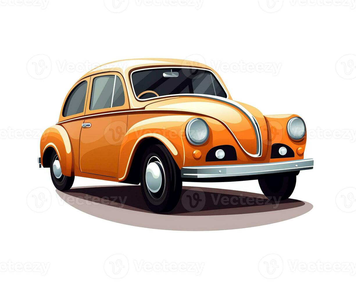 Yellow car. Retro car illustration on white background. Cartoon style. photo