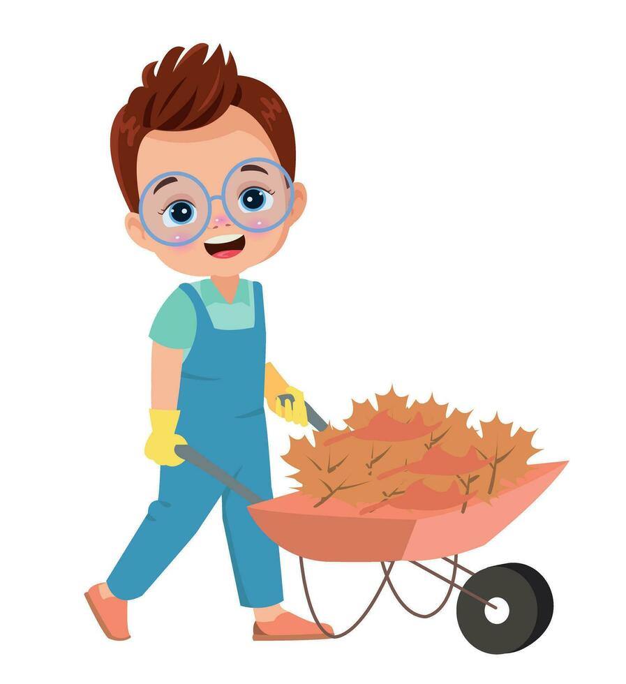 boy collecting fallen autumn leaves vector