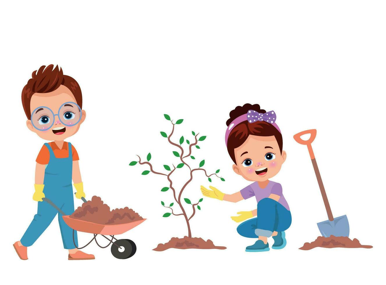 pequeño niños es plantando pequeño planta en jardín vector