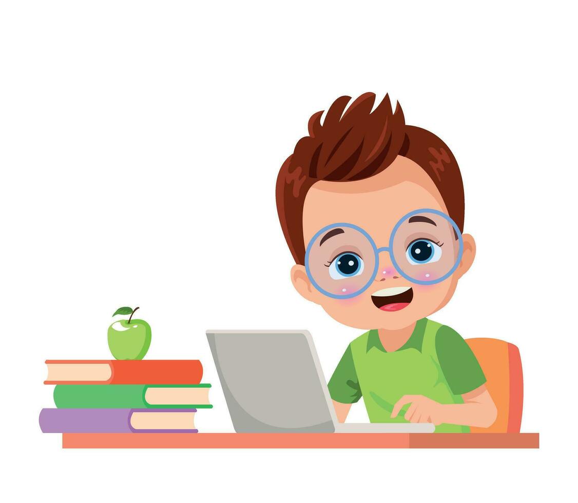 cute little kid use computer to study internet vector