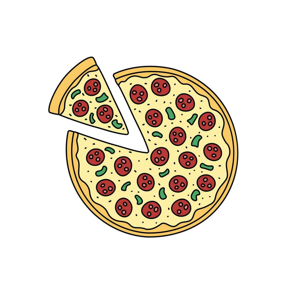 Pizza doodle top view vector illustration isolated. Whole round pizza and cut slice. Outline fast food dish with salami and vegetables. Hand drawn cute elements.