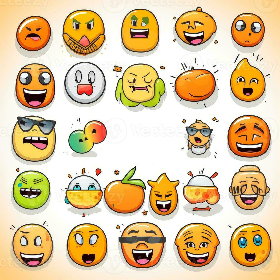 Set of cartoon faces expressions, face emojis, stickers, emoticons, cartoon funny mascot characters face set, Generative AI illustration photo