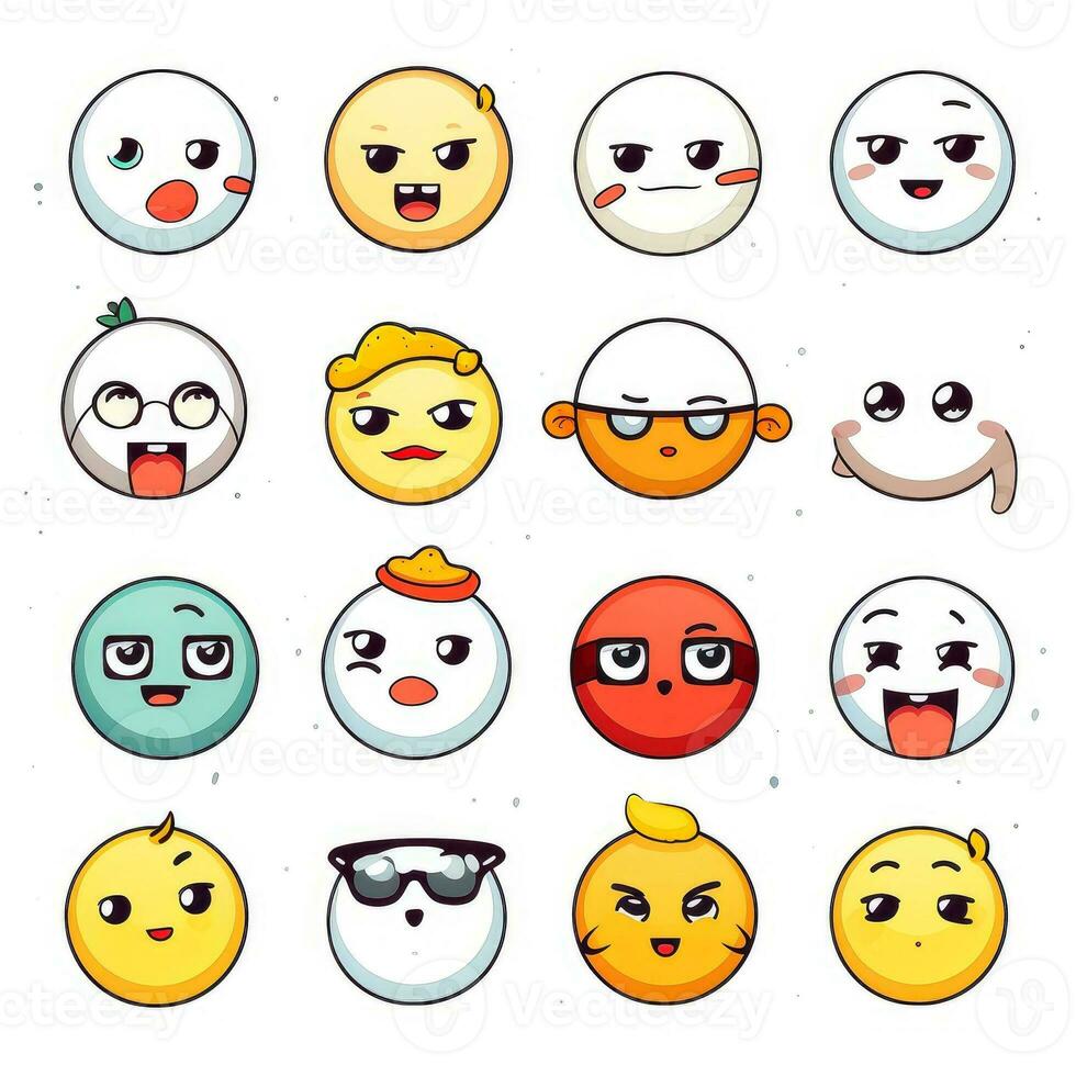 Set of cartoon faces expressions, face emojis, stickers, emoticons, cartoon funny mascot characters face set, Generative AI illustration photo