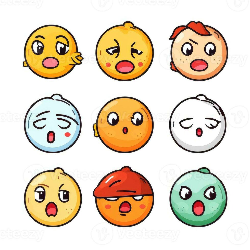 Set of cartoon faces expressions, face emojis, stickers, emoticons, cartoon funny mascot characters face set, Generative AI illustration photo