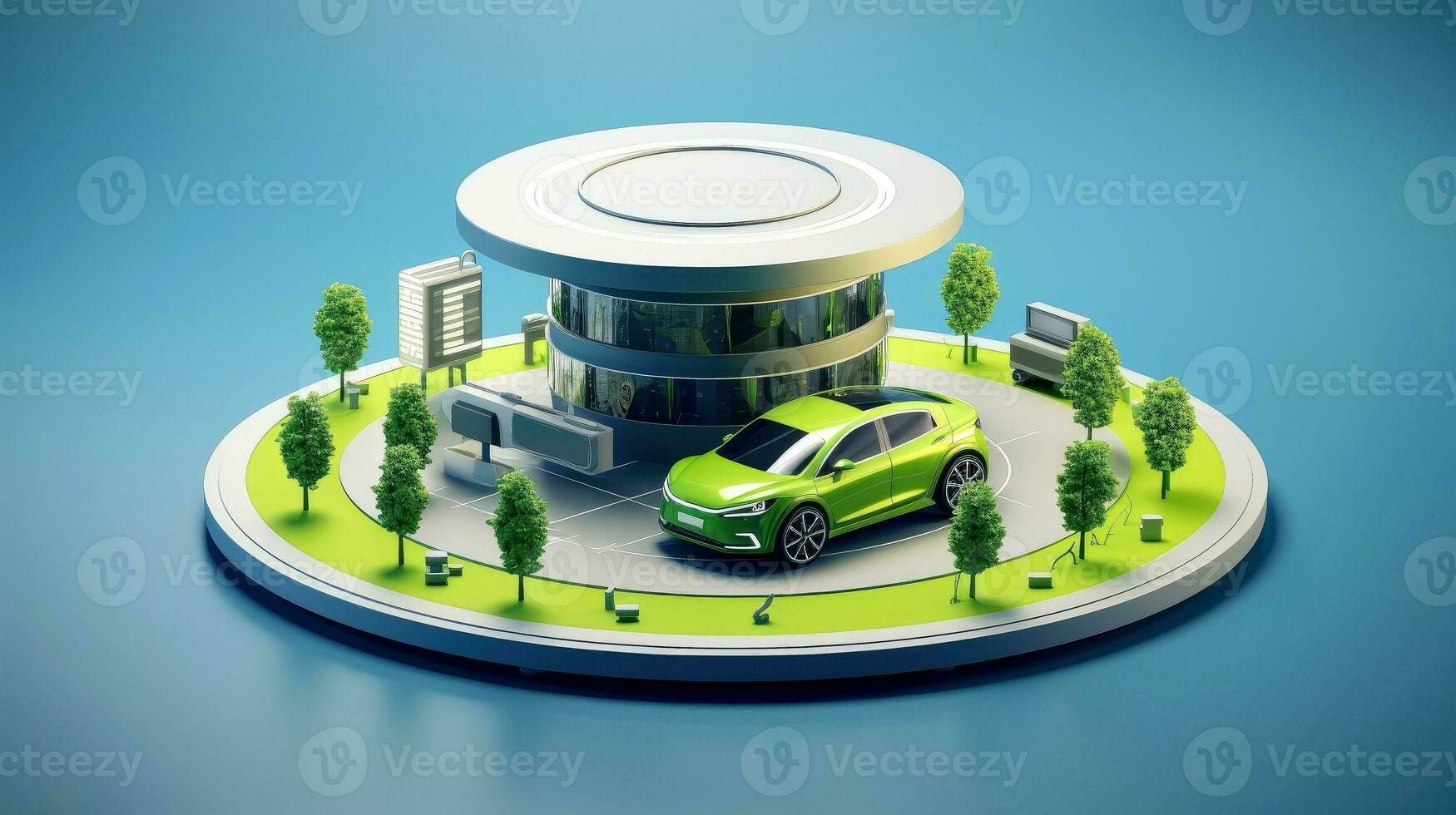 Electric car at futuristic charging station. Selected focusing. Eco alternative transport and battery charging technology concept, electric hybrid machine, Generative AI illustration photo