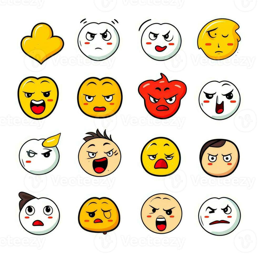 Set of cartoon faces expressions, face emojis, stickers, emoticons, cartoon funny mascot characters face set, Generative AI illustration photo