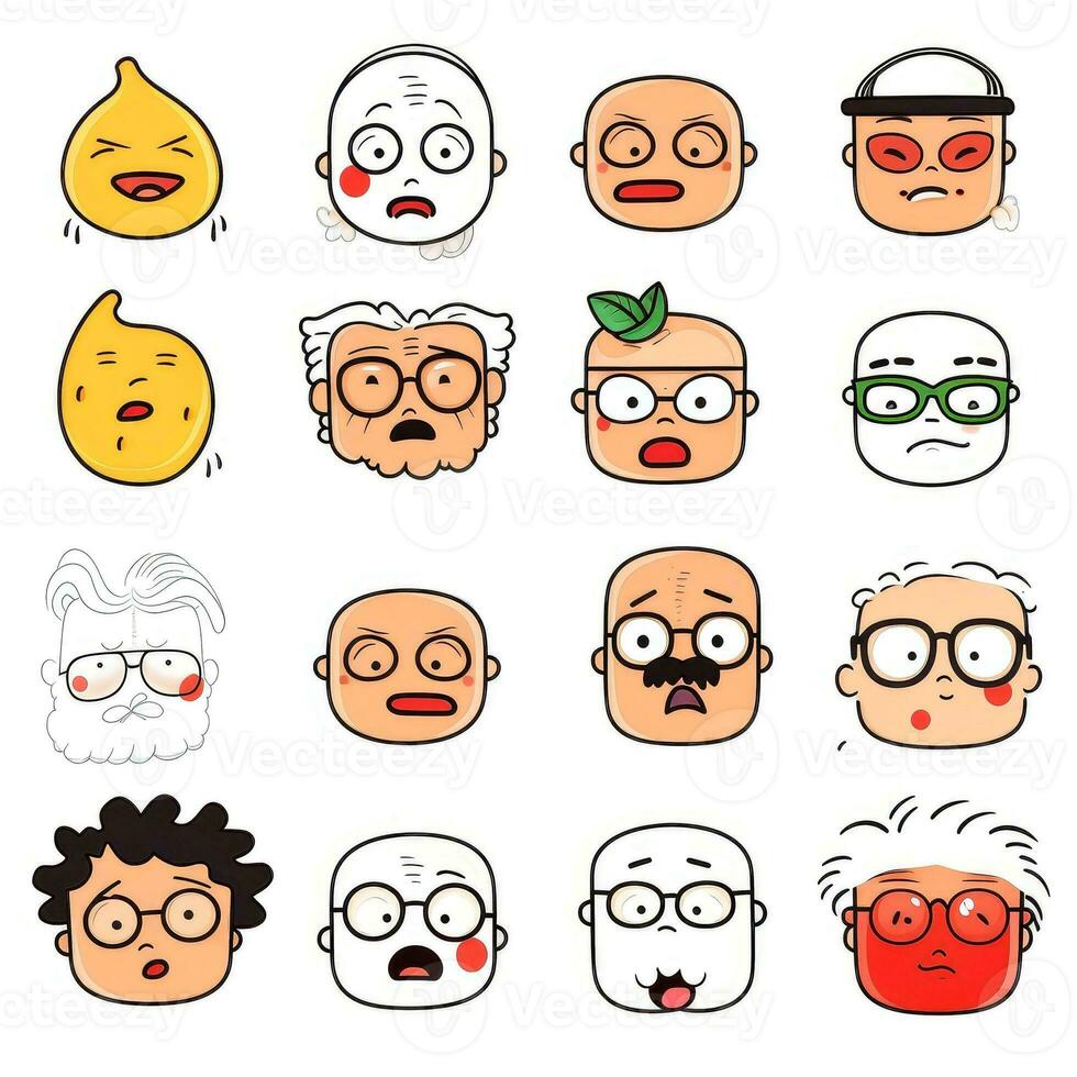 conjunto de dibujos animados caras expresiones, cara emojis, pegatinas, emoticonos, dibujos animados gracioso mascota caracteres cara colocar, generativo ai ilustración foto