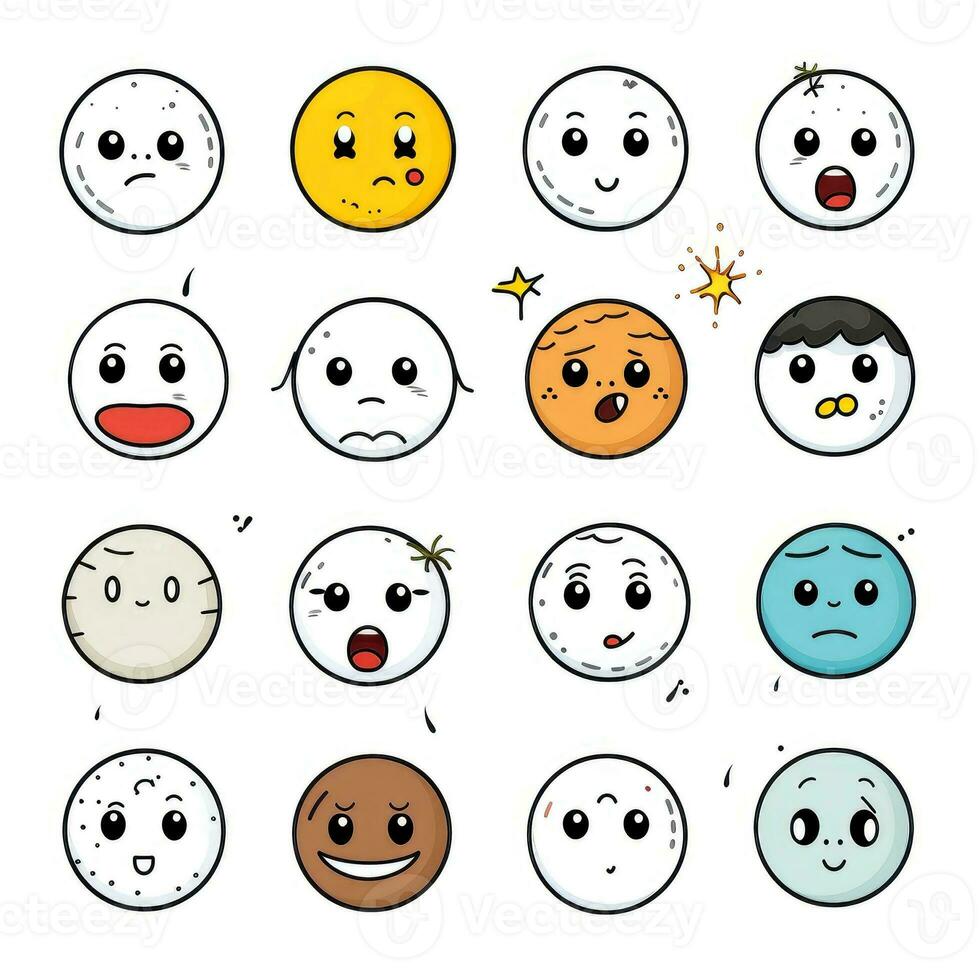 Set of cartoon faces expressions, face emojis, stickers, emoticons, cartoon funny mascot characters face set, Generative AI illustration photo