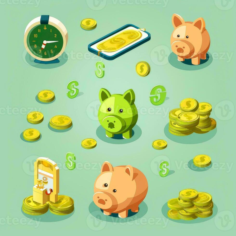dinero o financiero icono colocar. dólar moneda, dinero pila, billetera, billete de banco Finanzas símbolos, generativo ai ilustración foto