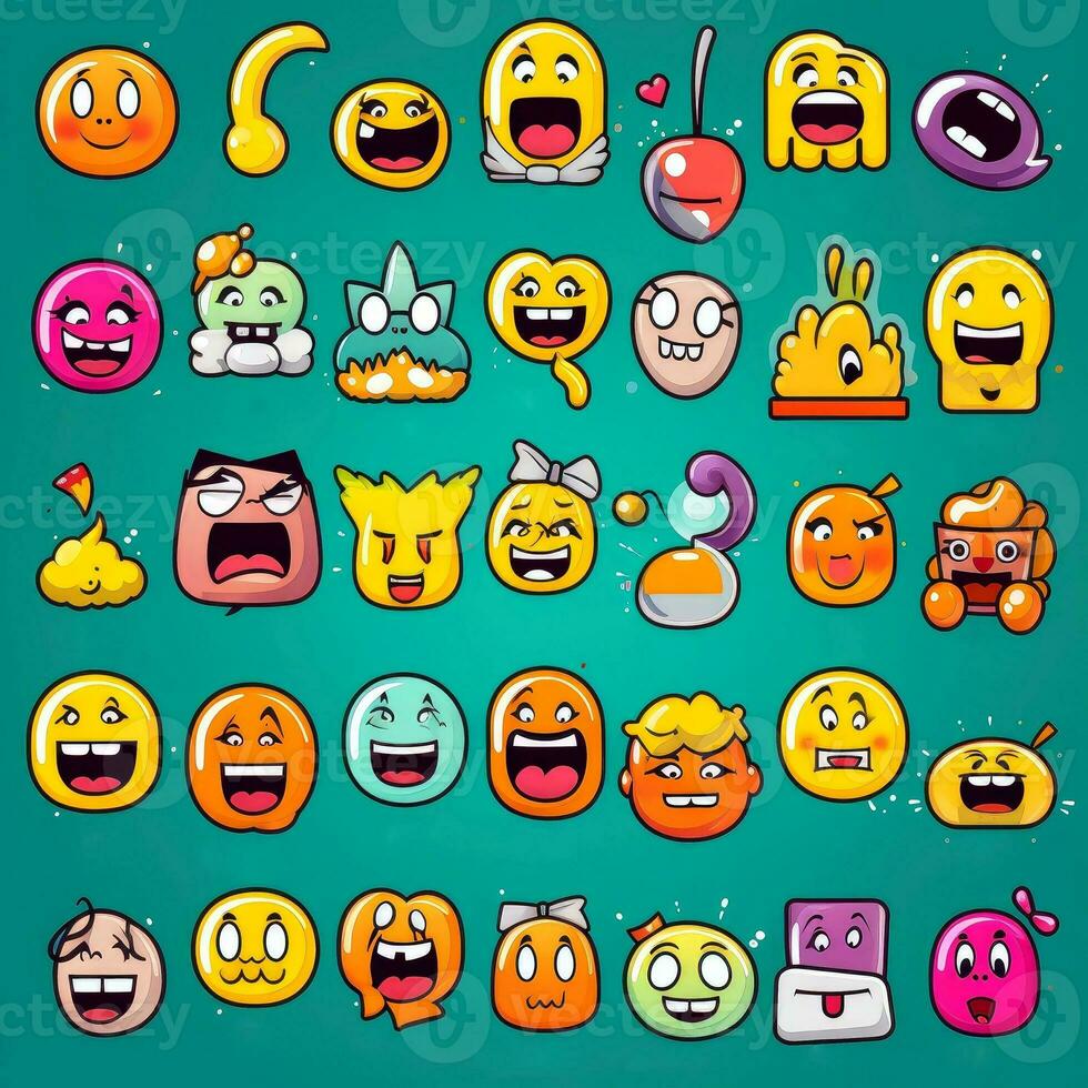 Set of cartoon faces expressions, face emojis, stickers, emoticons, cartoon funny mascot characters face set, Generative AI illustration photo