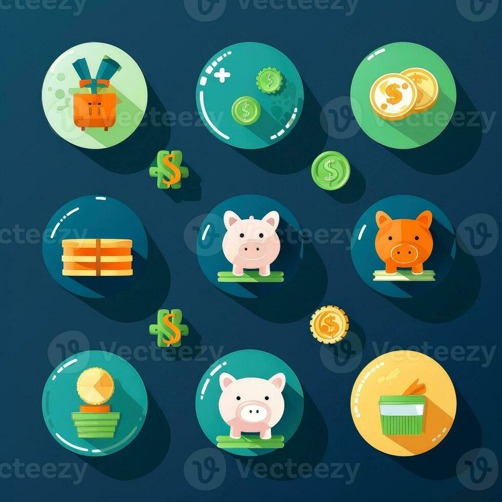 dinero o financiero icono colocar. dólar moneda, dinero pila, billetera, billete de banco Finanzas símbolos, generativo ai ilustración foto