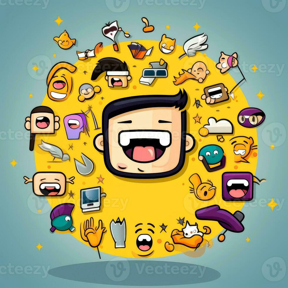 Set of cartoon faces expressions, face emojis, stickers, emoticons, cartoon funny mascot characters face set, Generative AI illustration photo