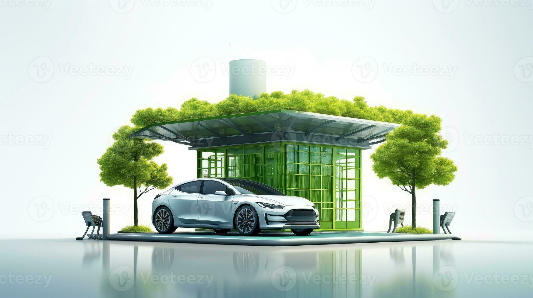 Electric car at futuristic charging station. Selected focusing. Eco alternative transport and battery charging technology concept, electric hybrid machine, Generative AI illustration photo