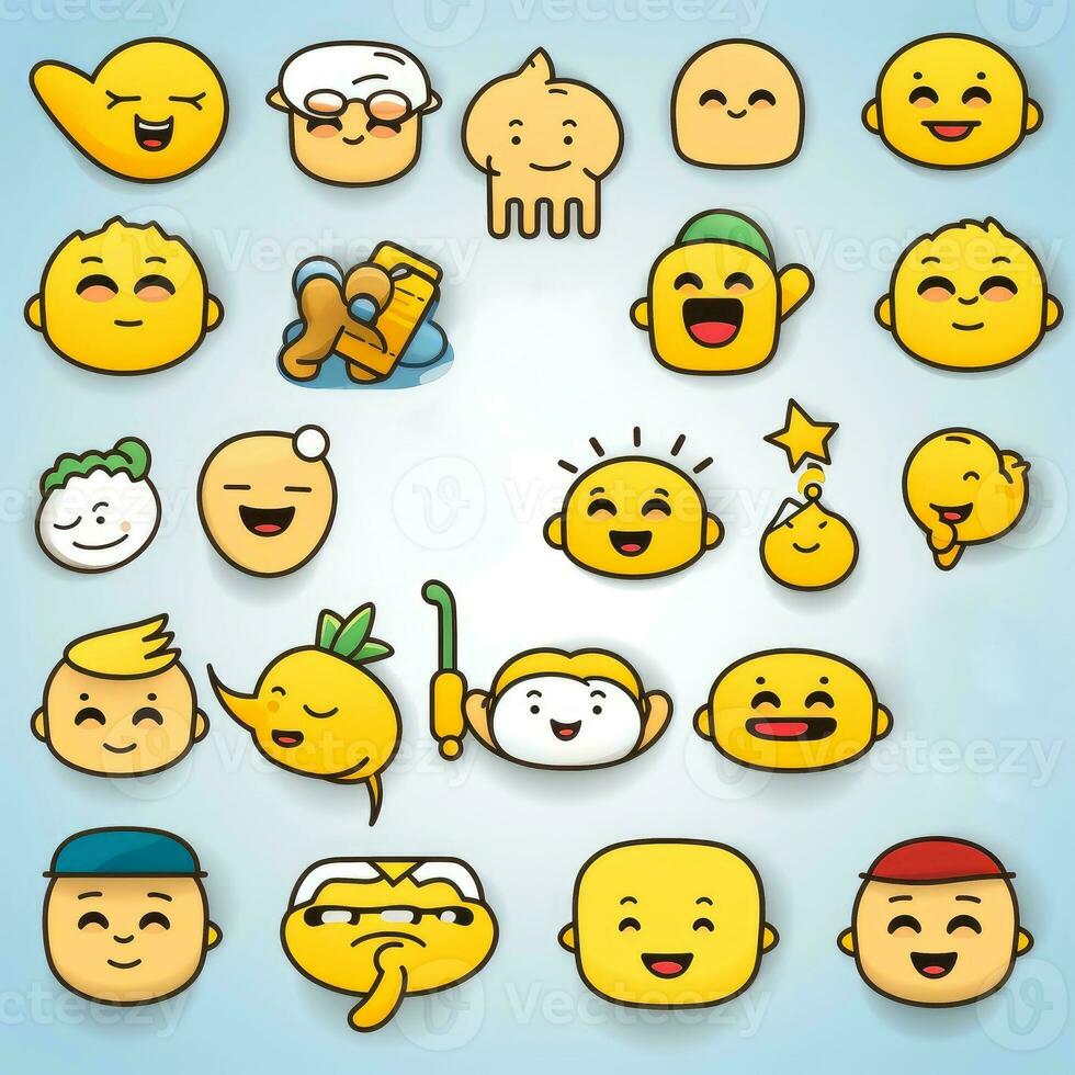 Set of cartoon faces expressions, face emojis, stickers, emoticons, cartoon funny mascot characters face set, Generative AI illustration photo