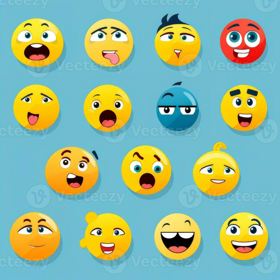 Set of cartoon faces expressions, face emojis, stickers, emoticons, cartoon funny mascot characters face set, Generative AI illustration photo