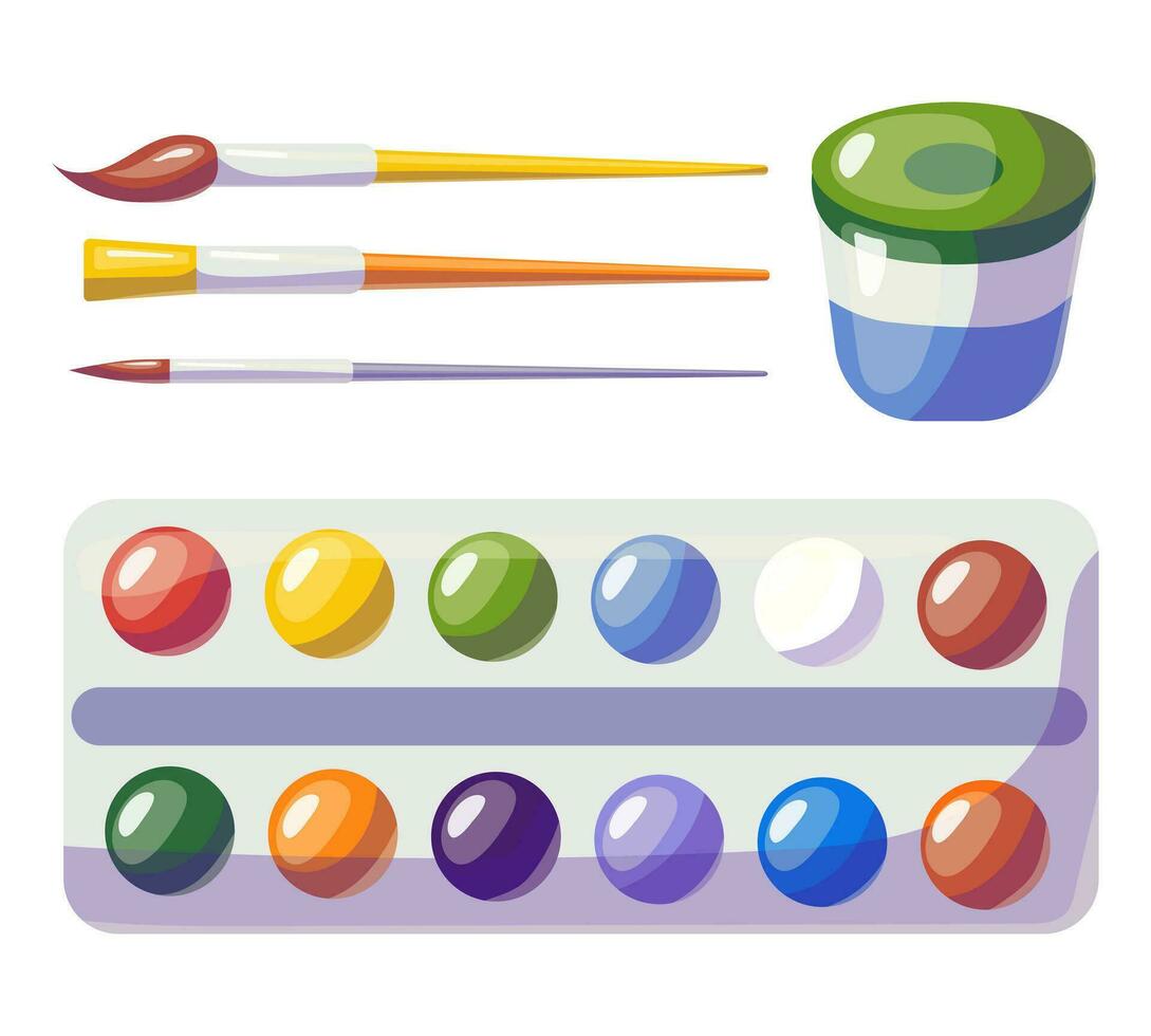 Drawing set with paints, brushes, non spill. Vector cartoon illustration.
