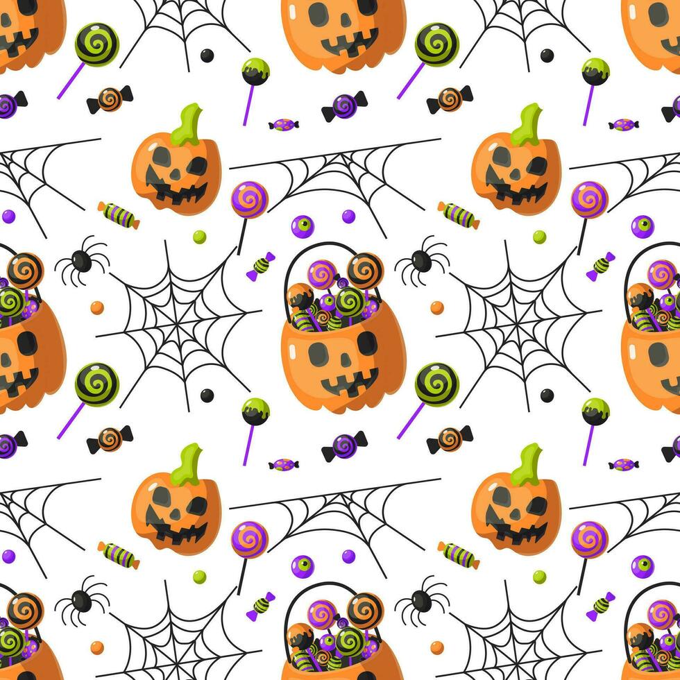 Vector cartoon seamless pattern for Halloween with pumpkin, candy, lollipop, spider, web