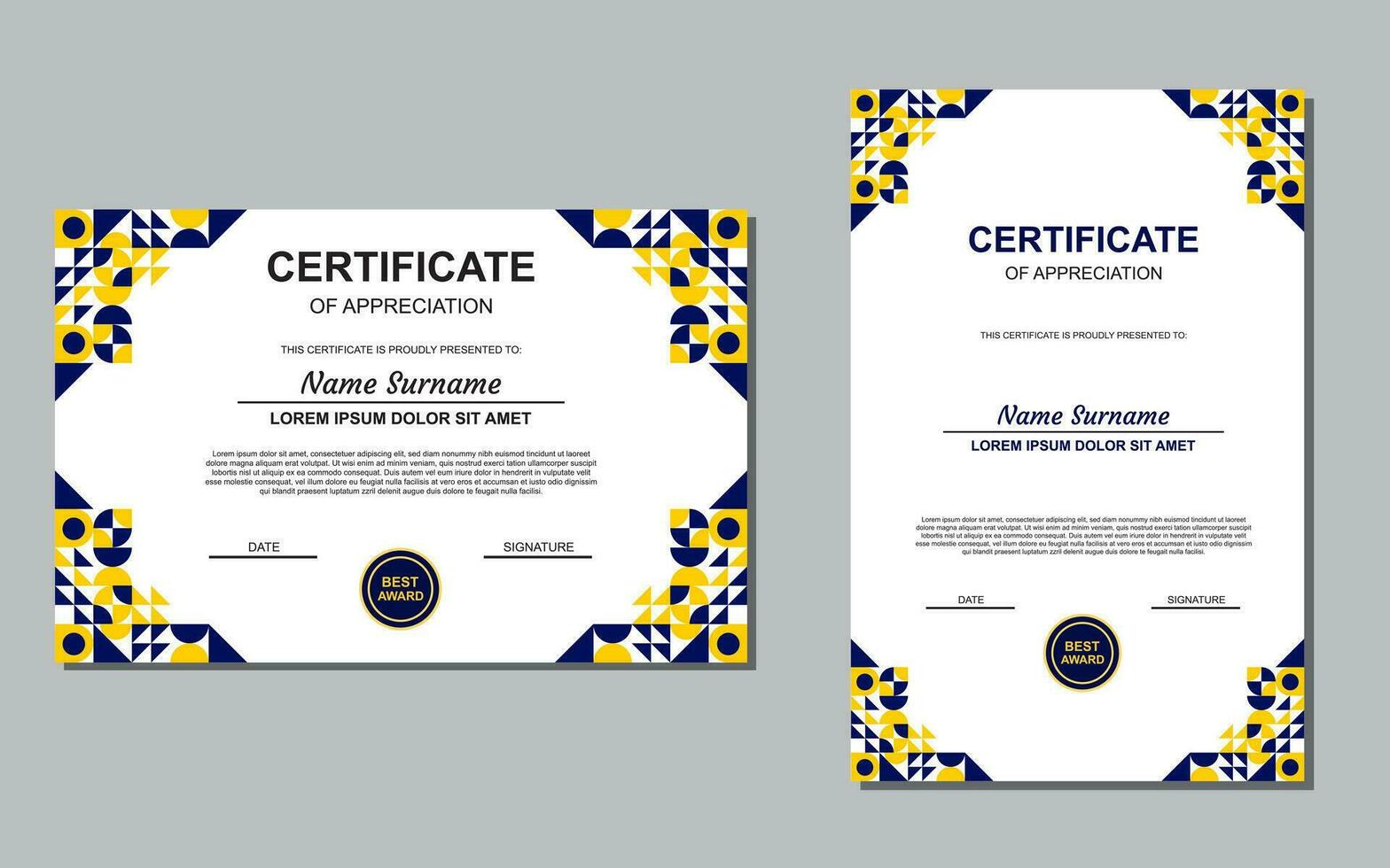 certificate template design in blue and yellow color for appreciation. modern style certificate design. vector