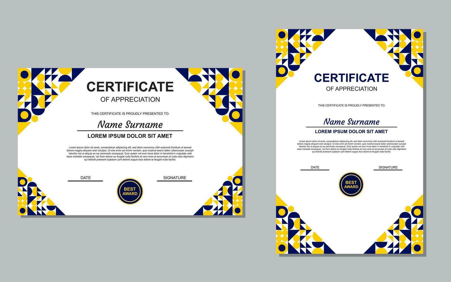 certificate template design in blue and yellow color for appreciation. modern style certificate design. vector