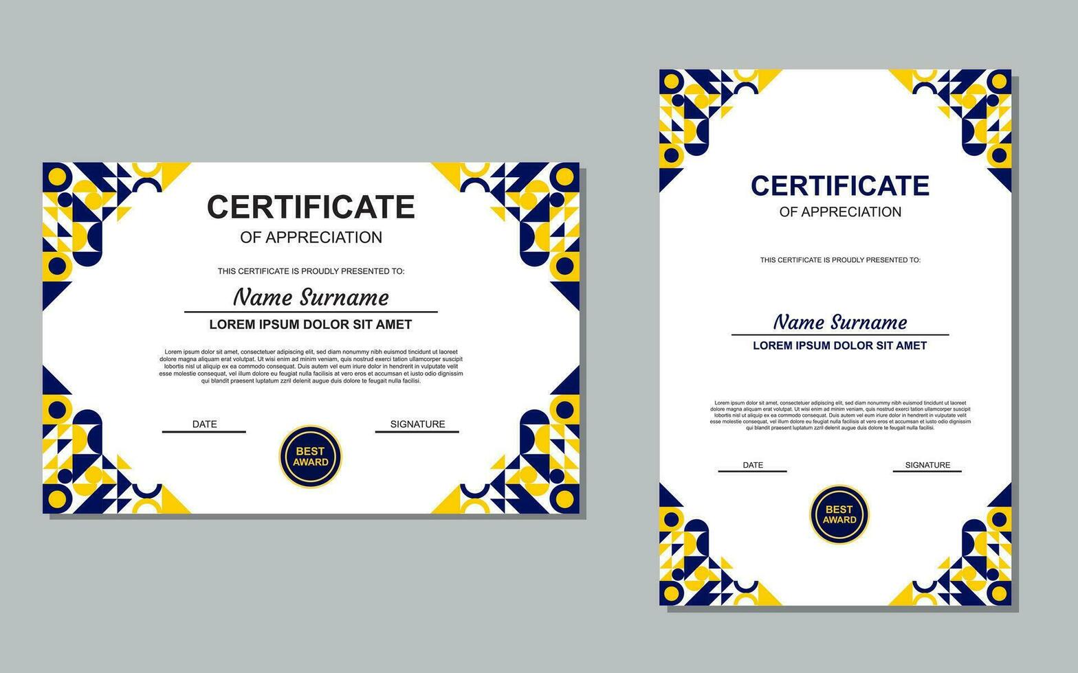 certificate template design in blue and yellow color for appreciation. modern style certificate design. vector