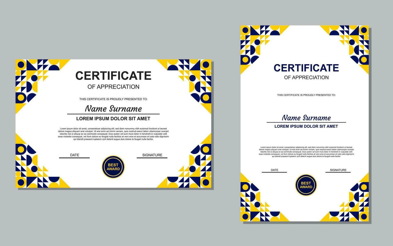 certificate template design in blue and yellow color for appreciation. modern style certificate design. vector