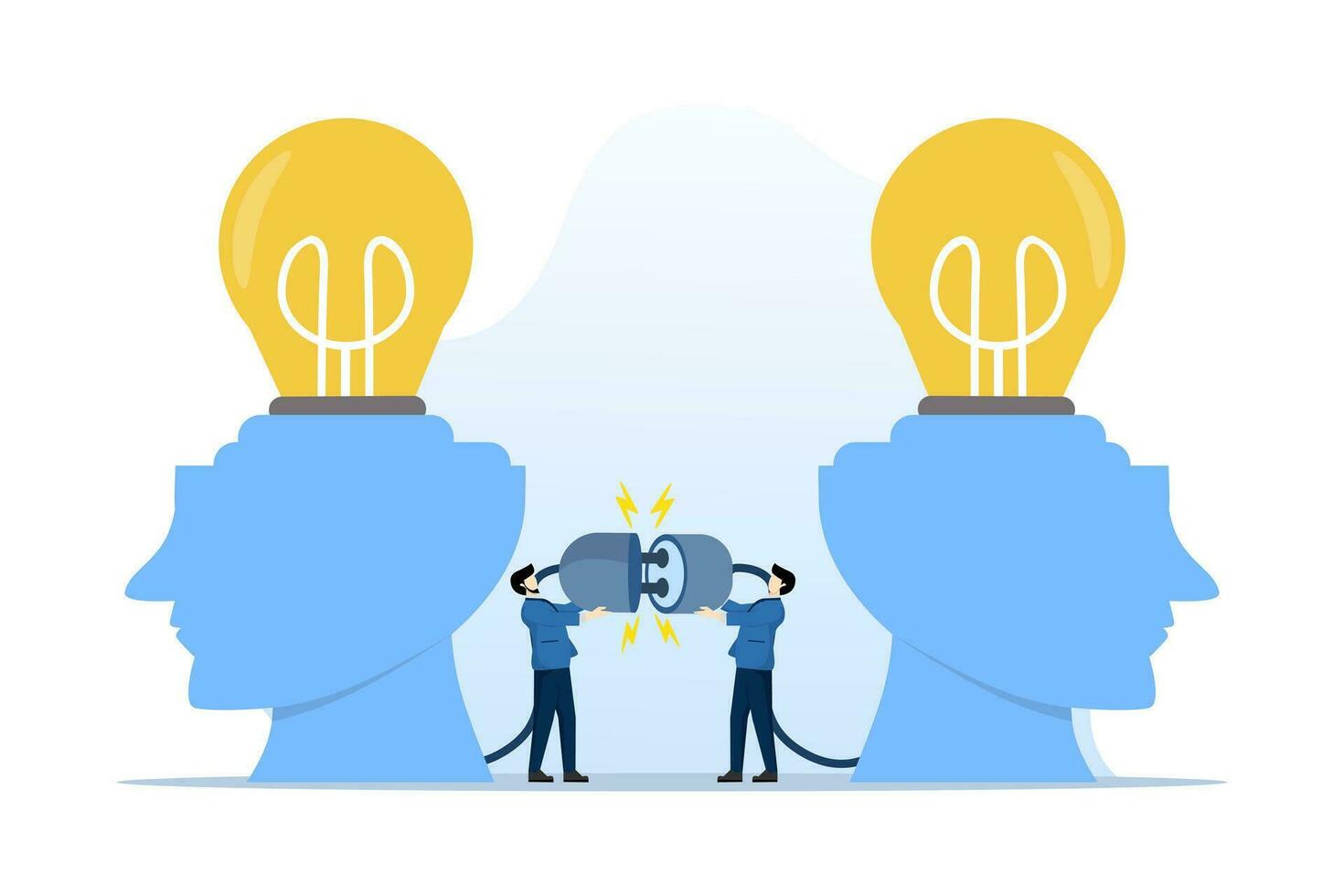 concept of communication for success, connecting ideas or understanding, joint problem solving, cooperation or collaboration, businessman connected with idea bright light bulb in human head. vector